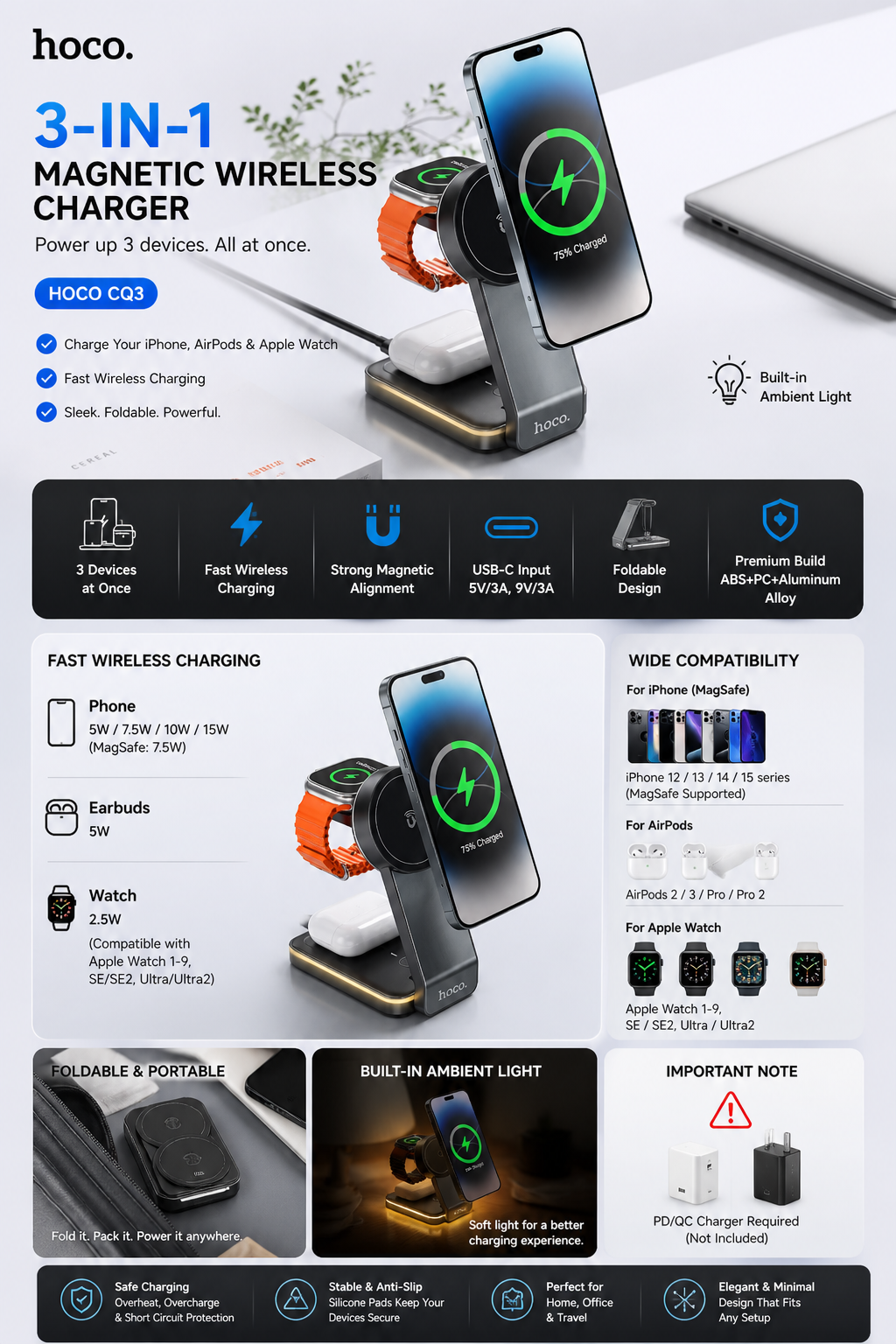 Hoco CQ3 3-in-1 Magnetic Wireless Charger – Fast Charging Dock for iPhone, AirPods & Apple Watch