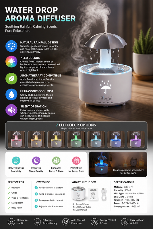 Water Drop Aroma Diffuser – Rainfall Humidifier with LED Lights & Essential Oil Aromatherapy