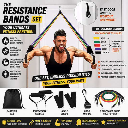 Premium Resistance Bands Set – Full Body Home Workout Kit (10–110lbs)