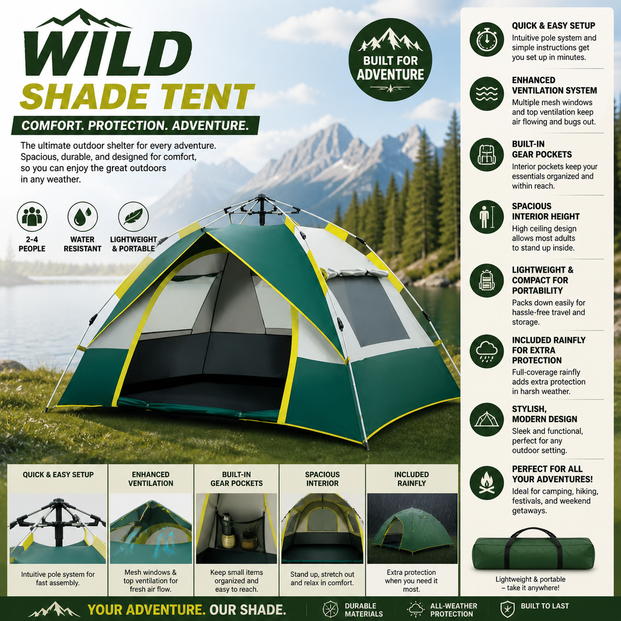 Wild Shade Camping Tent – Easy Setup Waterproof Outdoor Shelter