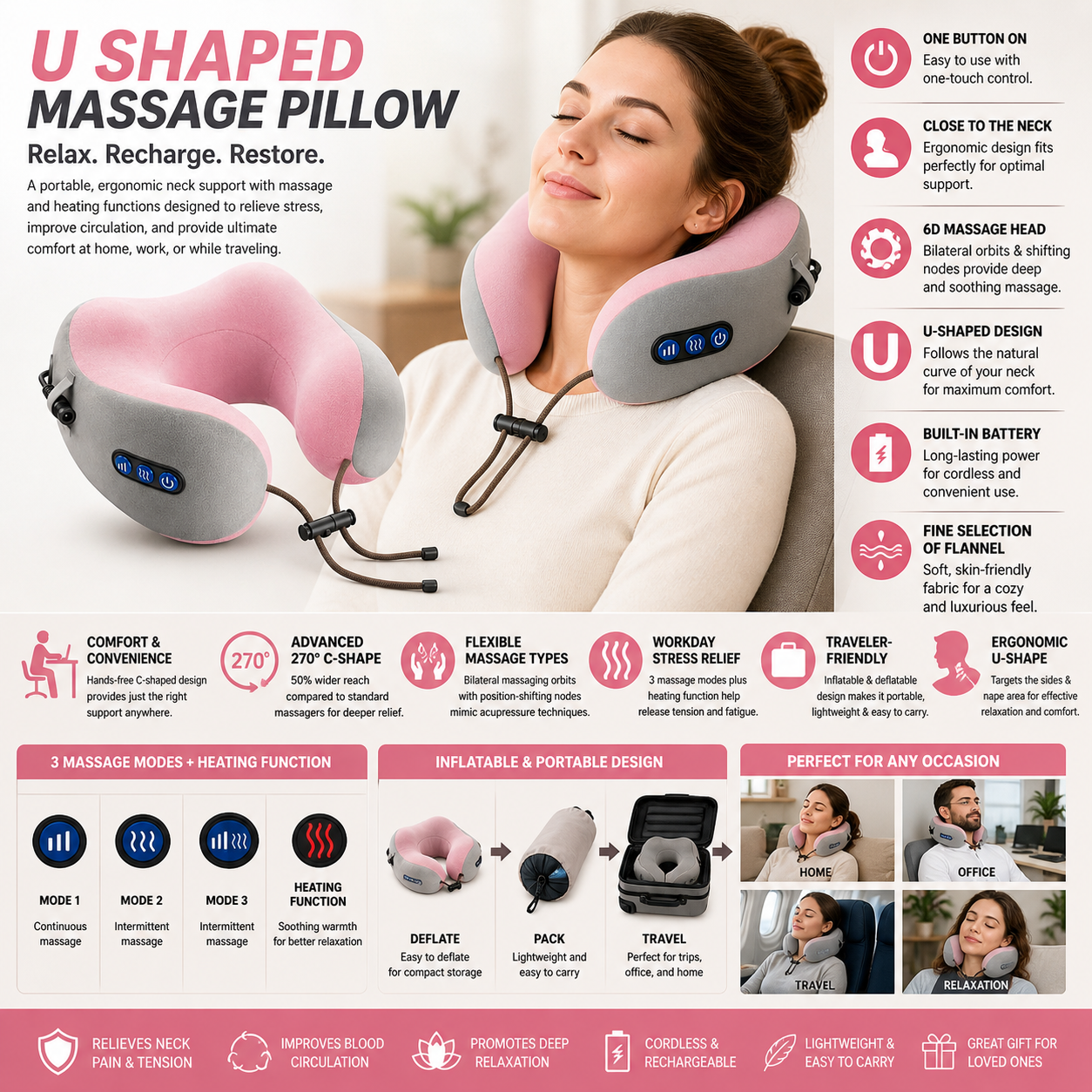 U-Shaped Massage Pillow – Heated Neck Massager for Travel & Stress Relief