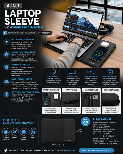**4-in-1 Laptop Sleeve with Wireless Charging – Portable Desk, Cooling Pad & Organizer**
