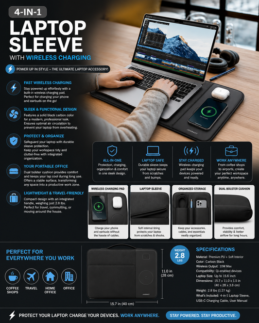 **4-in-1 Laptop Sleeve with Wireless Charging – Portable Desk, Cooling Pad & Organizer**