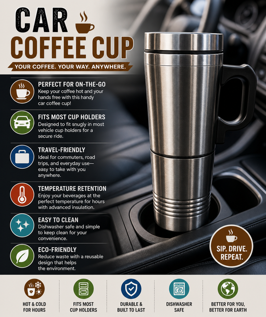 Car Coffee Cup – Insulated Travel Mug for Hot & Cold Drinks | Leakproof & Cup Holder Friendly