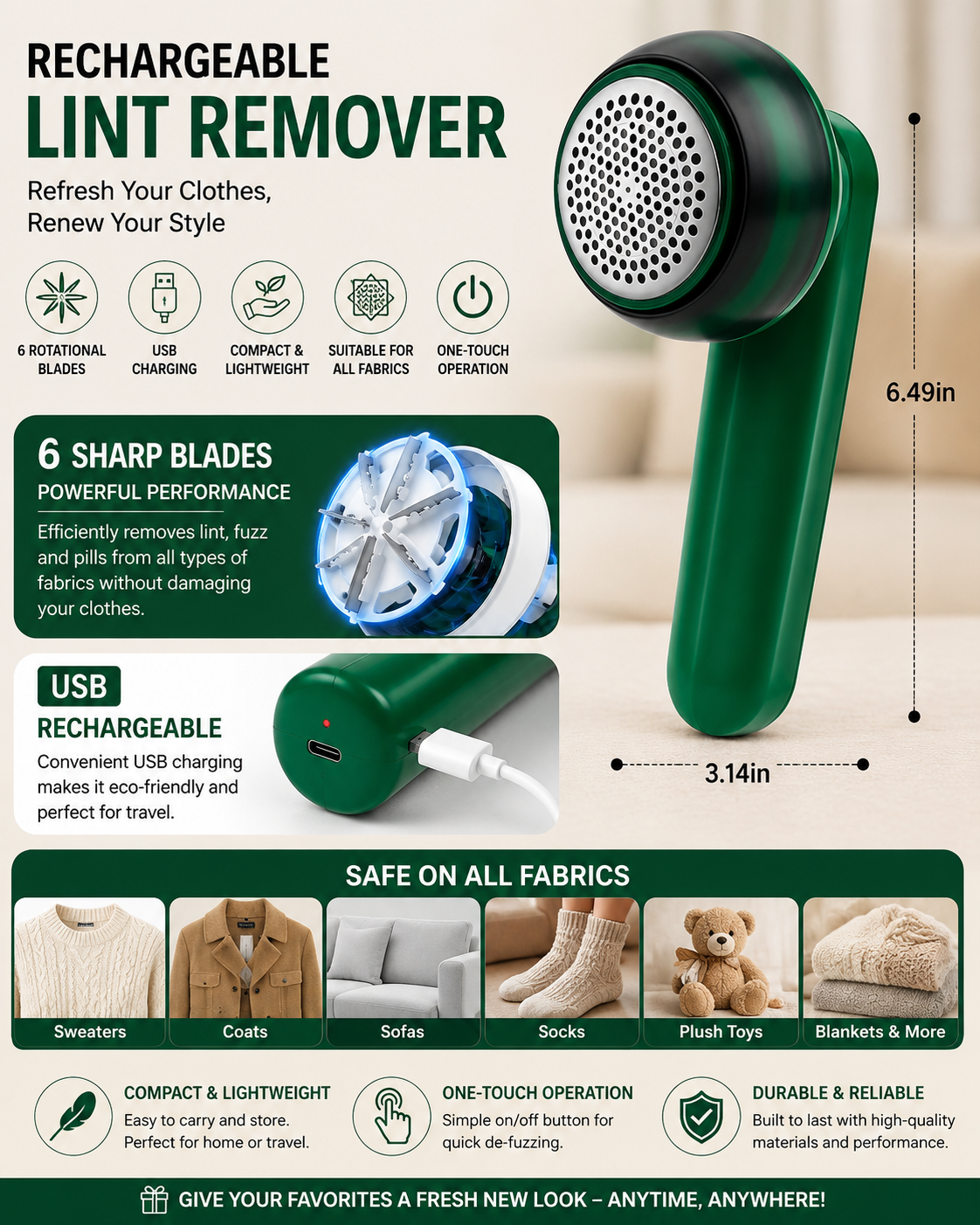 Rechargeable Electric Lint Remover – Portable Fabric Shaver with 6 Blades