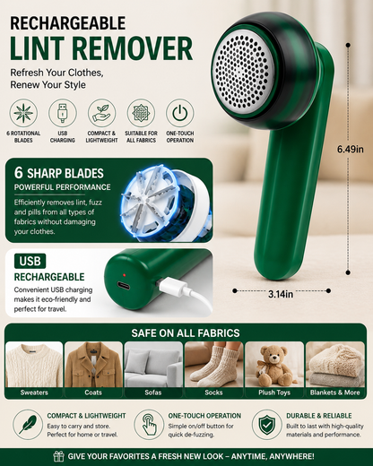 Rechargeable Electric Lint Remover – Portable Fabric Shaver with 6 Blades