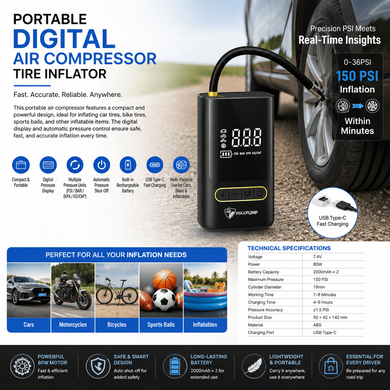 Portable Digital Air Compressor Tire Inflator – 150 PSI Wireless Air Pump with Digital Display