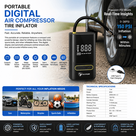 Portable Digital Air Compressor Tire Inflator – 150 PSI Wireless Air Pump with Digital Display
