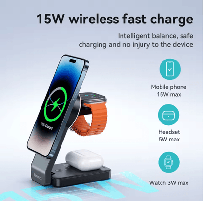 Hoco CQ3 3-in-1 Magnetic Wireless Charger – Fast Charging Dock for iPhone, AirPods & Apple Watch