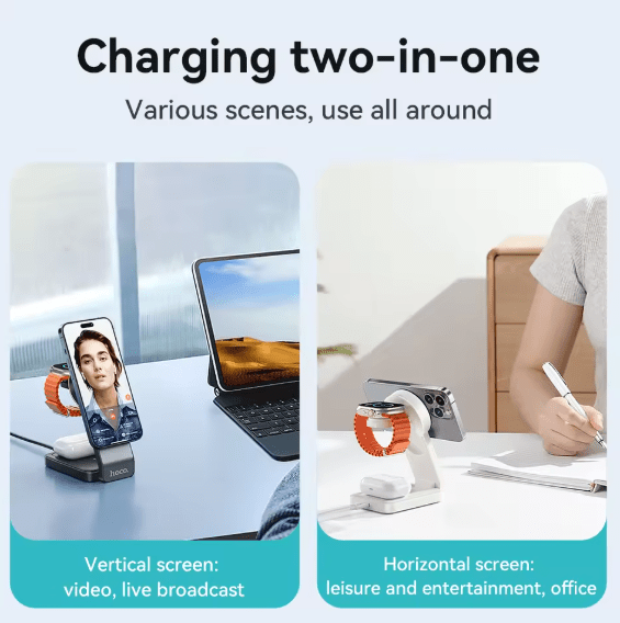 Hoco CQ3 3-in-1 Magnetic Wireless Charger – Fast Charging Dock for iPhone, AirPods & Apple Watch