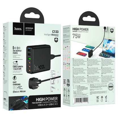 HOCO GaN 75W Six-Port Fast Charger – USB-C + USB-A Multi Device Charging Hub